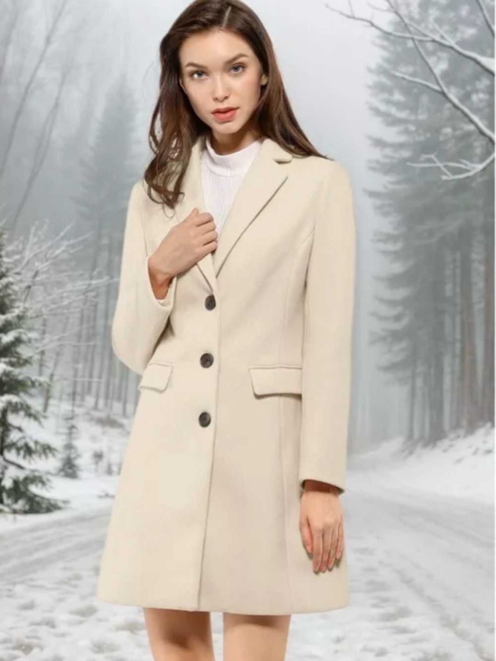 Allegra K Classic Women's Cream Single-Breasted Coat-NWT-S